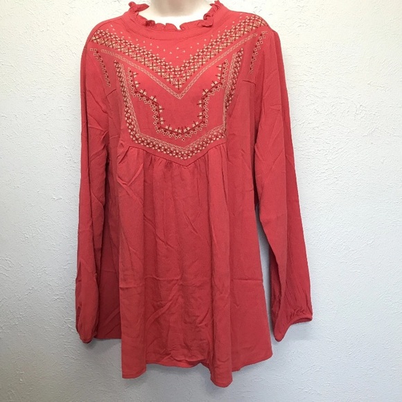 torrid Tops - Torrid Top 1X Orange/Red Crinkle Gauze Embroidered Relaxed Long Sleeve‎ 14/16